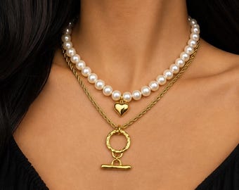 Layered Freshwater Pearl Necklace | Gold Toggle Clasp, Heart Charm, Modern Chic Style
