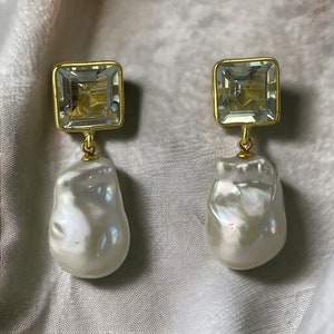 Baroque pearl gold earrings; green amethyst gemstone and pearl earrings; Pearl drop earrings; green wedding earrings; genuine amethyst