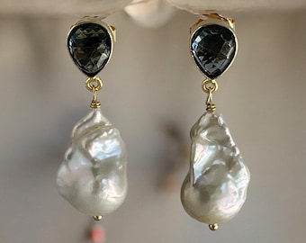 Blue gemstone and Baroque Pearl Earrings; baroque Earrings; blue statement earring; Large Baroque; London blue quartz earrings