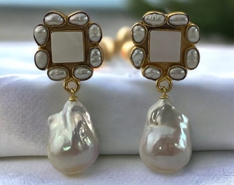 MOP and Pearl Earrings; Baroque with gemstone Earrings; Pearl Earrings with mother of pearl statement earrings; baroque drop