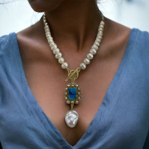 Turquoise gemstone and Baroque Pearl Necklace; large gemstone pendant; statement necklace; gifts for fashionista; baroque choker