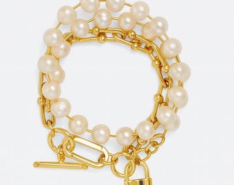 Pearl and gold hardware Bracelet; Padlock Bracelet; pearl and chain triple wrap bracelet; Convertible jewelry; modern pearl bracelet
