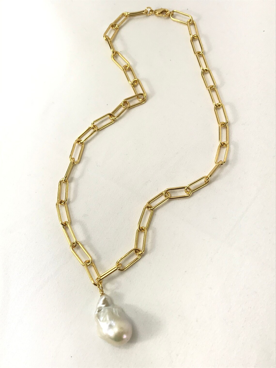 Baroque Pearl Chunky Gold Necklace Gold Filled Paper Clip Etsy