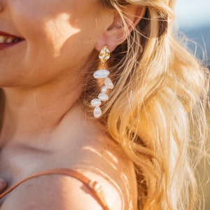 Handmade Keshi Pearl earrings; vertical beaded pearls on gold plated studs; dainty statement earrings; unique bridal earrings