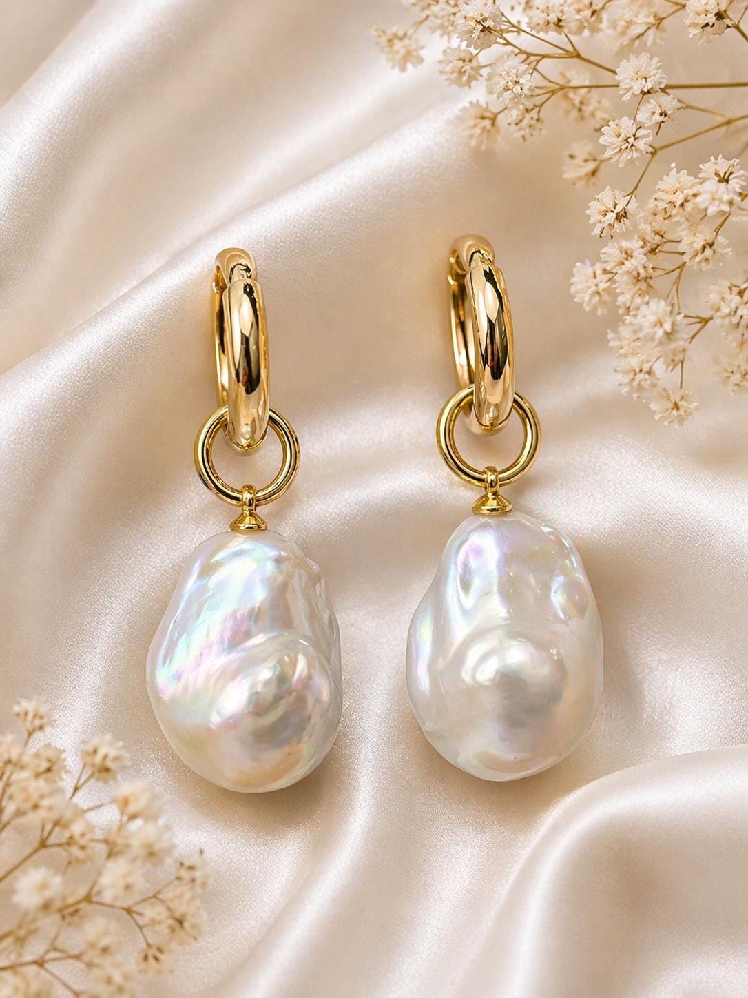 Gold Chunky Hoop Earrings With Baroque Pearl Charms - Etsy