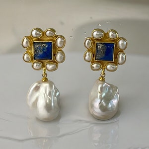 Lapis Lazuli Baroque Pearl Earrings: 22k Gold-Plated Dangle Earrings