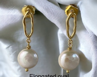 Pearl drop gold earrings; Coin pearl earrings; gold oval stud; Bridesmaid gifts; stacking earrings; gifts for her; simple earring; RTS