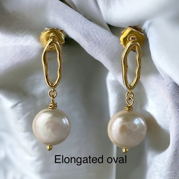 Freshwater Pearl drop gold earrings; Coin pearl earrings; gold oval stud; Bridesmaid gifts; stacking earrings; gifts for her; simple earring
