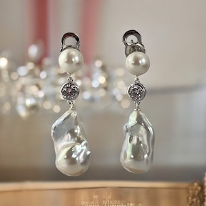 Wedding Pearl Silver Earrings; large Baroque; Pearl Drop; Double Pearl Earrings; statement silver earrings; baroque with cz