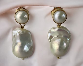 Baroque Pearl Gold Earrings; Large Baroque; Baroque pearl earrings; statement Wedding Earring; double pearl earrings;