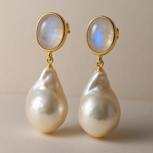Moonstone & Baroque Pearl Statement Earrings – Bridal Drop Earrings, Bold Wedding Jewelry, Handmade Elegant Gift