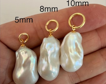 May include: Three white baroque pearl pendants with gold-toned metal bails. The text "Bail Size" appears at the top, with "5mm", "8mm", and "10mm" labels indicating the diameter of each gold ring attached to the top of the pearls.