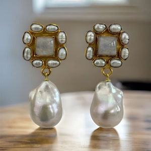 Moonstone and Pearl Earrings; Baroque with gemstone Earrings; Pearl Earrings with moonstone; statement earrings; baroque drop