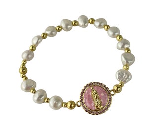 Virgin Mary pearl rosary bracelet; Pink Mama Mary rosary bracelet; pearl stretch bracelet; faith jewelry; gift for religious person