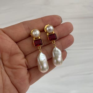 Baroque Pearl Drop Earrings: Gold-Plated Gemstone Dangle