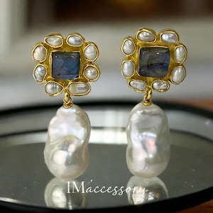 Labradorite Baroque Pearl Earrings: 22k Gold-Plated Brass