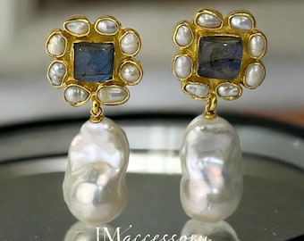Labradorite Baroque Pearl Earrings: 22k Gold-Plated Brass
