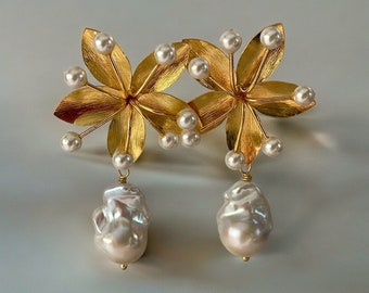 Baroque Pearl Statement earrings; Huge Gold floral stud; Pearl Gold Earrings; wedding pearl earrings; bridal earrings; large floral earrings