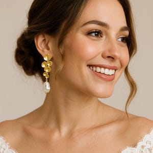 Baroque Pearl Mushroom Dangling Stud Earrings in Matte Gold; baroque stud earrings; gold mushroom earrings with dangling pearl