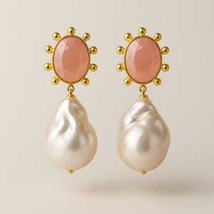 Rose Quartz and Baroque Pearl Drop Earrings – Handmade Gold Earrings with Whole Pearls – Statement Bridal Earrings – Elegant Pink and White