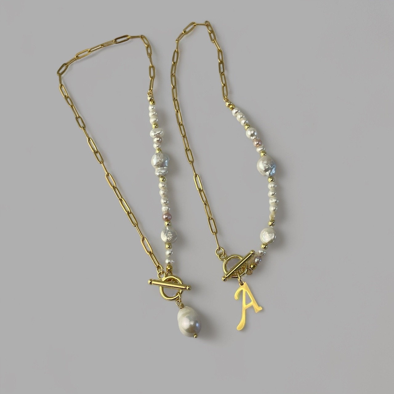 Half chain half pearl necklace; anti tarnish gold paperclip chain; initial charm necklace; gifts for teenagers; baroque pearl necklace;