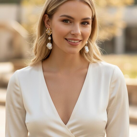 Moonstone Baroque Pearl Drop Earrings | 22k Gold Plated, Freshwater