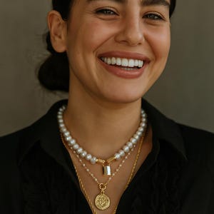 Layering Pearl Necklace SET; Gold Medallion Charm in dainty pearl chain; Baroque Pendant in 20 inch Gold Chain; Pearl knotted choker w/ lock
