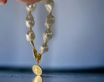 Oversized Baroque Pearl Matte Gold Toggle Bracelet | Ornate
