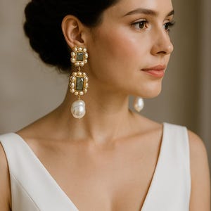 Orecchini da sposa in labradorite con perle barocche: gioielli vittoriani placcati in oro di grande effetto.