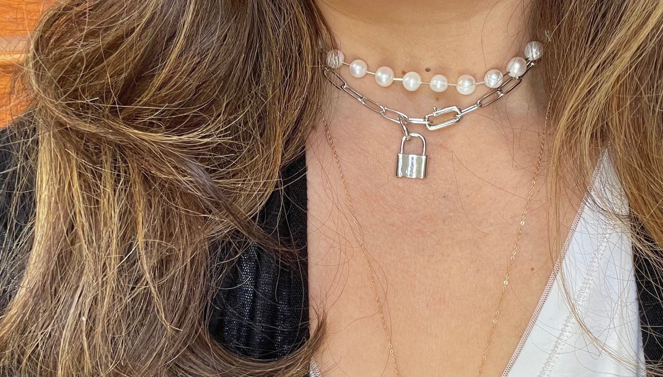 Pearl Link Silver Necklace; pearl necklace with padlock charm; pearl silver necklace; Convertible jewelry; paperclip necklace; CUSTOM ORDER