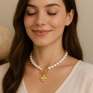 Handmade Pearl Choker: Gold Cross Pendant, Faith Necklace (16 inch)