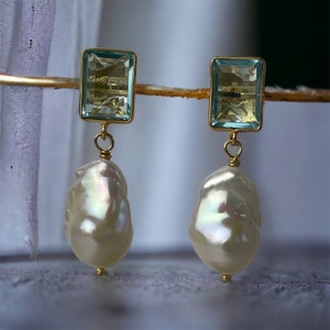 Green Quartz with baroque pearl earrings; large baroque; pearl gold earrings; green earrings; wedding earrings; bridesmaids gift