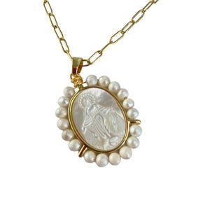 Virgin Mary pendant necklace; Virgin Mary charm; anti tarnish; faith jewelry; gift for religious; gift for mom, mother of pearl pendant