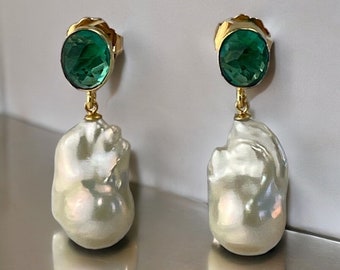 Teal green quartz and baroque Earrings; Baroque Pearl Earrings; green gemstone and pearl; Holiday earrings; Large Baroque; green earrings