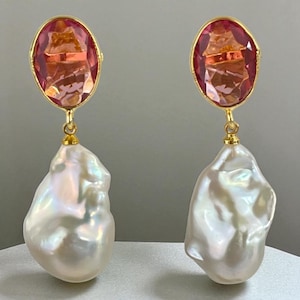 Baroque Pearl Drop Earrings with Pink Gemstone | Rose Quartz Statement Earrings | Gold Bezel Set | Handmade Pearl Dangle Earrings | Gift for