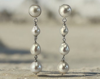 Pearl drop long silver Earrings; dainty baroque drop earrings; wedding pearl silver earrings; bridesmaid gift; simple bridal jewelry