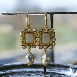 Moonstone and Baroque Pearl hoop Earrings; Gold hoop with gemstone and pearl; Baroque with gemstone Earrings; gemstone with pearl earrings