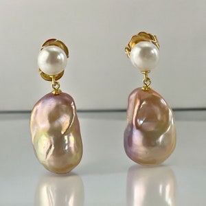 Pink baroque pearl earrings; large baroque; wedding earrings; blush pearl; double pearl earrings; pink pearl drop; bridesmaids earrings