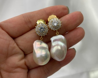 Wedding baroque Pearl Earrings;  Baroque Pearl Gold Earrings; Baroque with CZ stone; Baroque Earring; bridal pearl earrings; large baroque