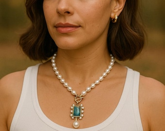 Turquoise gemstone and Pearl choker; dainty pearl necklace with turquoise pendant; gifts for fashionista; pearl choker with turquoise