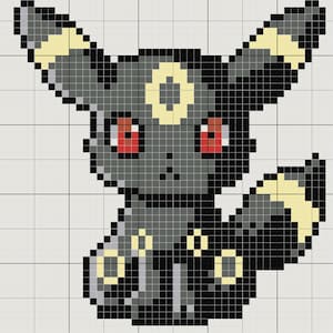 May include: A pixel art design of a black and yellow Pokemon character with red eyes. The character is sitting with its tail curled behind it.