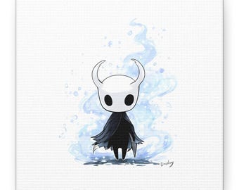 Chibi Hollow Knight Canvas Wall Art| Ethereal Blue Swirl Indie Game Print, Floating Knight Fantasy Decor, Gamer Aesthetic Room Art