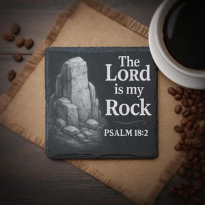 May include: A square, dark gray slate coaster with the text "The Lord is my Rock" and "Psalm 18:2" in white. A grayscale illustration of a rock formation is on the coaster. A cup of coffee and coffee beans are in the image.
