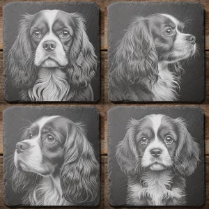 May include: Four square slate coasters, each with a detailed black and white portrait of a Cavalier King Charles Spaniel. The dog's fur is intricately drawn, with emphasis on the eyes and facial features.