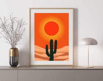 Poster di cactus, stampa artistica minimalista del tramonto nel deserto, download digitale