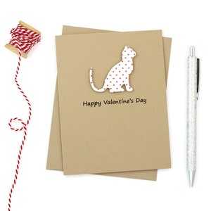 Katzen Valentinstag Grußkarte einzeln | Kleines Rotes Herz Muster | Wähle Vorderseite und Innen | Kraft Brown Notecard Katze Silhouette Geschenk