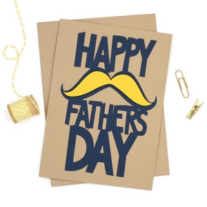Cartão de Dia dos Pais com tema de bigode | Cartão feito à mão para o pai | Cartão de felicitações para o Dia dos Pais | 5x7 com envelope combinando | Azul e amarelo recortado