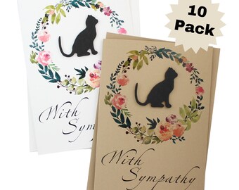 Cat Floral Wreath Sympathy Cards Pack of 10 | Handmade 5x7 Pet Condolences Greeting | White or Kraft Brown | Choose Inside | Watercolor