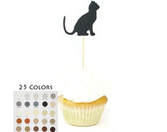 Cat Cupcake Toppers Pack of 12 | 25 Cat Colors Available | Handmade Cat Silhouette Birthday Party Decorations | Cake Topper Pet theme Decor