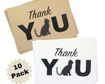 Cat Thank You Cards Pack of 10 | Handmade Cat Silhouette 5x7 Greeting Notecards | White or Kraft Brown with Envelope | Pet Lover Gift Blank